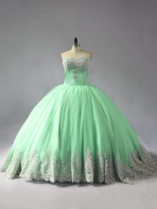 Tulle Sweetheart Sleeveless Court Train Lace Up Appliques Sweet 16 Quinceanera Dress in Apple Green