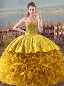 High End Gold Sweetheart Lace Up Embroidery and Ruffles 15th Birthday Dress Sleeveless
