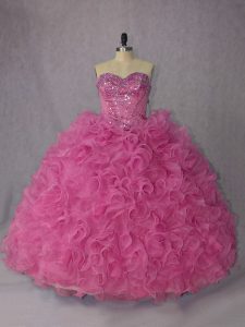 Fancy Ball Gowns Sleeveless Rose Pink Sweet 16 Quinceanera Dress Brush Train Lace Up