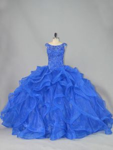 Latest Royal Blue Sweet 16 Dress Scoop Sleeveless Brush Train Lace Up