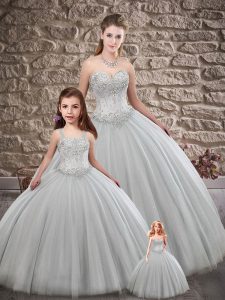 Ideal Grey Lace Up Sweetheart Beading Quinceanera Dresses Tulle Sleeveless Brush Train