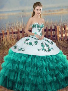 Turquoise Ball Gowns Embroidery and Ruffled Layers and Bowknot Sweet 16 Dress Lace Up Organza Sleeveless Floor Length