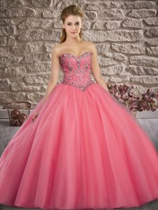 Excellent Watermelon Red Tulle Lace Up Sweetheart Sleeveless Floor Length 15 Quinceanera Dress Beading
