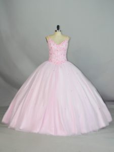 Baby Pink Tulle Lace Up Straps Sleeveless Floor Length 15 Quinceanera Dress Beading and Lace