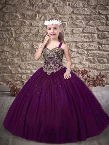 Purple Ball Gowns Tulle Straps Sleeveless Beading Lace Up Little Girl Pageant Dress Sweep Train