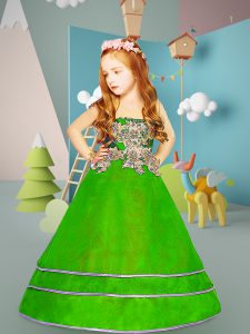 Beading and Appliques Girls Pageant Dresses Green Lace Up Long Sleeves Floor Length