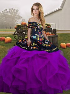 Black And Purple Sleeveless Embroidery and Ruffles Floor Length Quince Ball Gowns
