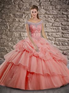Cheap Watermelon Red Off The Shoulder Lace Up Beading and Pick Ups Quinceanera Gown Brush Train Cap Sleeves