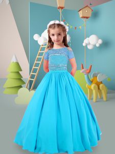Baby Blue Little Girls Pageant Gowns Wedding Party with Beading Off The Shoulder Short Sleeves Zipper
