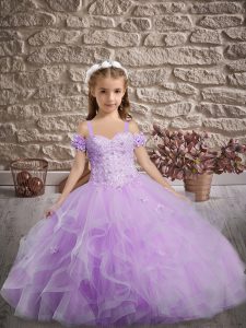 Exquisite Lavender Straps Lace Up Appliques and Ruffles Little Girl Pageant Gowns Sweep Train Sleeveless