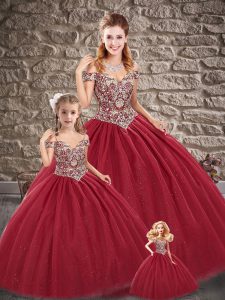 Off The Shoulder Sleeveless Lace Up Sweet 16 Dress Wine Red Tulle
