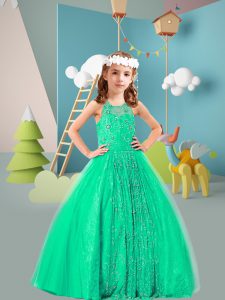 Elegant Tulle and Lace Sleeveless Floor Length Little Girls Pageant Gowns and Beading