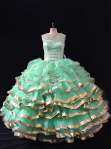 Apple Green Lace Up Sweetheart Ruffles Ball Gown Prom Dress Organza Sleeveless