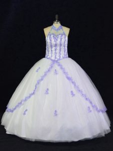 Unique Floor Length White And Purple Quinceanera Dress Halter Top Sleeveless Lace Up