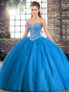 Best Selling Baby Blue Tulle Lace Up Sweetheart Sleeveless Quinceanera Dress Brush Train Beading