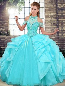 Exceptional Halter Top Sleeveless Organza Sweet 16 Dress Beading and Ruffles Lace Up
