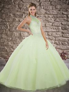 Edgy Yellow Green Sleeveless Brush Train Beading Quince Ball Gowns