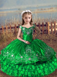 Green Ball Gowns Satin and Organza Off The Shoulder Sleeveless Embroidery and Ruffled Layers Floor Length Lace Up Little