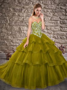 Sleeveless Brush Train Lace Up Embroidery and Ruffled Layers Quince Ball Gowns