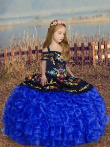 Floor Length Lace Up Little Girl Pageant Dress Royal Blue for Wedding Party with Embroidery and Ruffles