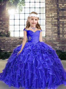 Excellent Blue Lace Up Straps Beading and Ruffles Kids Formal Wear Organza Sleeveless