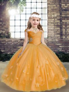 Excellent Sleeveless Beading and Hand Made Flower Lace Up Pageant Gowns For Girls