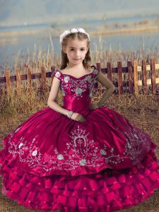 Fuchsia Satin and Organza Lace Up High School Pageant Dress Sleeveless Floor Length Embroidery and Ruffled Layers