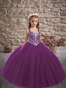 Purple Lace Up Girls Pageant Dresses Beading Sleeveless Floor Length