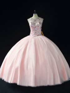 Decent Sleeveless Floor Length Beading Lace Up Quinceanera Gowns with Pink