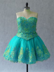 Fantastic Turquoise Ball Gowns Tulle Sweetheart Sleeveless Appliques and Embroidery Mini Length Lace Up Prom Dresses