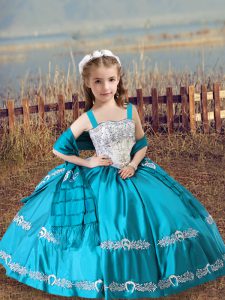 Cheap Sleeveless Floor Length Beading and Embroidery Lace Up Child Pageant Dress with Teal