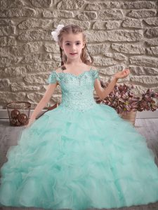 Unique Off The Shoulder Sleeveless Tulle Pageant Gowns For Girls Beading and Lace and Pick Ups Brush Train Lace Up