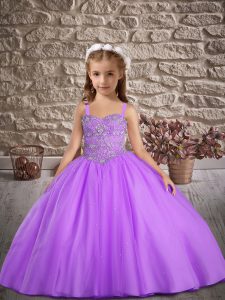 Lace Up Kids Pageant Dress Lavender for Wedding Party with Beading Sweep Train