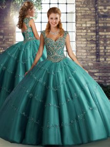 Noble Teal Sleeveless Floor Length Beading and Appliques Lace Up Quince Ball Gowns