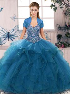Blue Tulle Lace Up Off The Shoulder Sleeveless Floor Length Vestidos de Quinceanera Beading and Ruffles