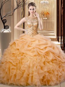 Custom Fit Orange Organza Lace Up Scoop Sleeveless Floor Length Quinceanera Gown Beading and Ruffles