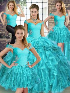 Aqua Blue Lace Up Sweet 16 Quinceanera Dress Beading and Ruffles Sleeveless Brush Train