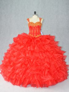 Red Sleeveless Floor Length Beading and Ruffles Lace Up 15th Birthday Dress