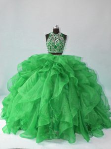 Fashion Green Backless 15 Quinceanera Dress Beading and Ruffles Sleeveless Floor Length