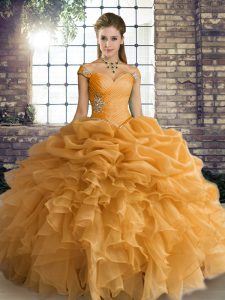 Beauteous Organza Off The Shoulder Sleeveless Lace Up Beading and Ruffles and Pick Ups Quince Ball Gowns in Orange