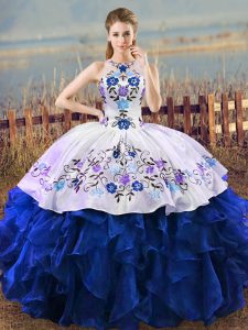 Floor Length Blue And White Quinceanera Gown Organza Sleeveless Embroidery and Ruffles