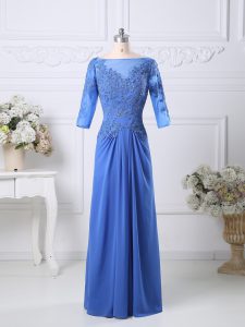 Blue Half Sleeves Lace Floor Length Prom Evening Gown