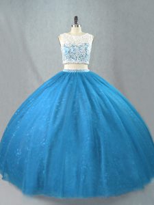 Blue Zipper Scoop Beading Quince Ball Gowns Tulle Sleeveless