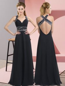 Black Sleeveless Beading Floor Length Evening Dresses