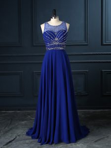 Great Royal Blue Empire Beading Prom Party Dress Criss Cross Chiffon Sleeveless
