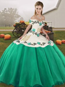Sleeveless Floor Length Embroidery Lace Up Sweet 16 Dresses with Turquoise