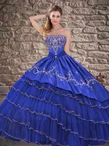 Exceptional Royal Blue Ball Gowns Sweetheart Sleeveless Organza Floor Length Lace Up Embroidery and Ruffled Layers Quinc