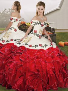 Dramatic White And Red Off The Shoulder Neckline Embroidery and Ruffles 15th Birthday Dress Sleeveless Lace Up