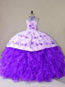 Court Train Ball Gowns Sweet 16 Dress Purple Halter Top Organza Sleeveless Lace Up