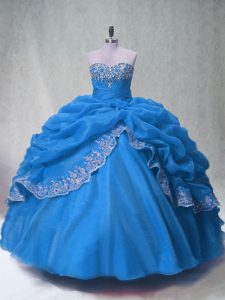 Hot Sale Blue Lace Up Sweetheart Beading and Appliques and Pick Ups Ball Gown Prom Dress Organza Sleeveless